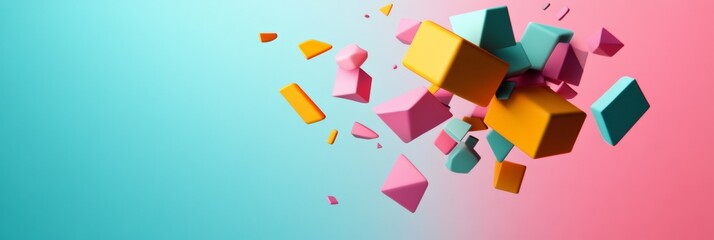 Poster - Vibrant geometric shapes, including cubes and pyramids, dynamically levitating and scattered against a soft turquoise and pink gradient backdrop, creating a modern aesthetic