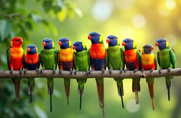 colorful parrots perched on tree branch. vibrant birds with various colors. nature scene. different 