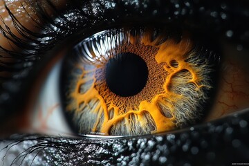Poster - intricate close-up of an eye showcasing vibrant orange and black patterns during daylight