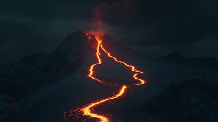 Poster - Glowing orange lava flowing down the dark slopes of a volcano at night creates a dramatic scene, showcasing the raw and dangerous power of nature in all its fiery glory