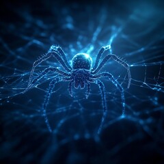 A glowing spider weaving web of light in dark environment, showcasing intricate details and vibrant colors