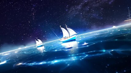 Wall Mural - a celestial river flowing through the sky, with boats made of light and sails catching cosmic winds 