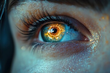 Poster - close-up of a mesmerizing blue eye with intricate golden details reflecting light and color in a dra