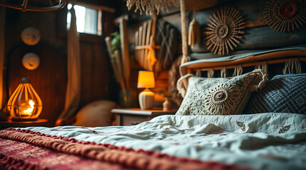 Rustic Bedroom with Crocheted Pillow and Wooden Headboard