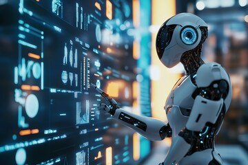 Poster - Robot interacting with a futuristic data interface.