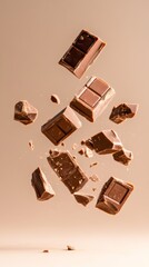 Aufkleber - Different sizes of milk chocolate pieces are levitating on a warm brown background, creating a visually appealing arrangement for chocolate lovers