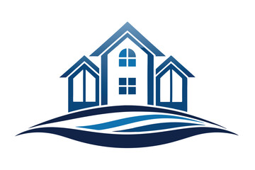Poster - Stylized house logo with smooth lines and blue tones representing home and real estate branding, Clean and elegant logo featuring a stylized house or building