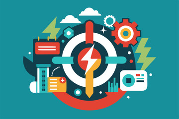 Poster - A vibrant illustration showcases elements of technology, data, and energy in a modern design context, Clean and modern design reflecting the power of technology