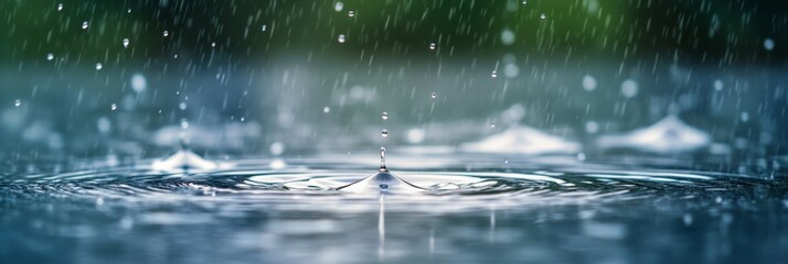 Poster - Heavy rain is falling and creating ripples and concentric circles on a water surface with drops splashing and a blurred dark green background