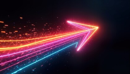 Aufkleber - Colorful glowing arrow points right. Dynamic shape with bright neon colors. Abstract design with motion. Futuristic graphic element with energy. Modern illustration for posters, tech presentations.