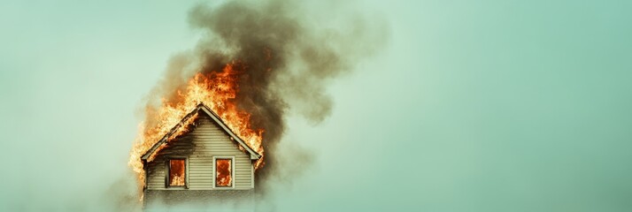 Poster - Flames engulfing the roof of a wooden house create a thick plume of smoke against a striking teal sky, illustrating the chaos and destruction of a devastating house fire