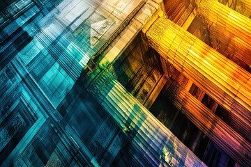 Poster - Abstract architecture, columns and stonework in vibrant hues.