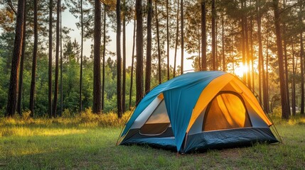 Wall Mural - Sunset Camping in a Pine Forest: A Serene Escape