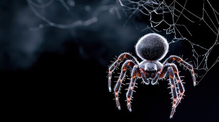 A close-up of a spider on its intricate web against a dark background.