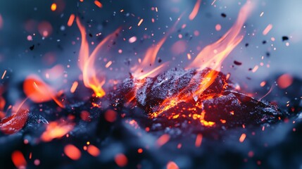 Poster - Glowing embers burning with intense heat create a mesmerizing display of light and sparks flying in the air, evoking warmth, danger, and transformation