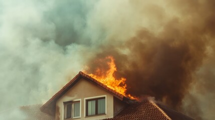 Poster - Intense flames and thick smoke billowing from the roof of a residential house during a devastating fire, creating a dramatic scene of destruction and emergency