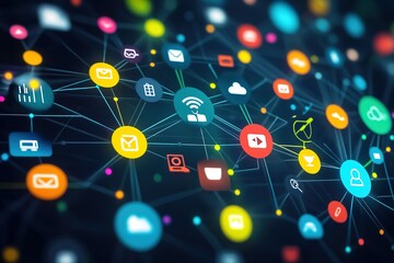 Poster - Global network connection, digital data flow, interconnected icons.