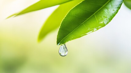 Poster - Close up of a glistening water droplet clinging to the tip of a vibrant green leaf, capturing the essence of nature's delicate beauty and the refreshing aftermath of rain