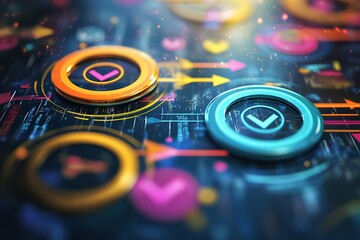 Poster - abstract digital interface with checkmarks and arrows.