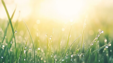 Poster - Fresh green grass glistening with dew drops, reflecting the warm sunlight of morning, creates a stunning and vibrant natural background perfect for any outdoor scene