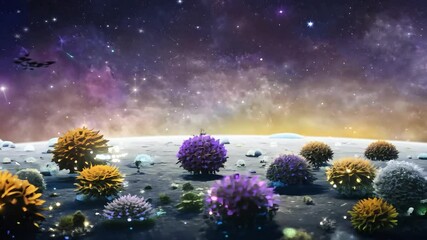 Wall Mural - a celestial garden where each flower is a different planet, and tiny beings tend to them, ensuring t
