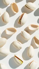 Aufkleber - Pistachio nuts and shells levitating over a white surface create a captivating pattern, casting shadows that enhance their texture and form