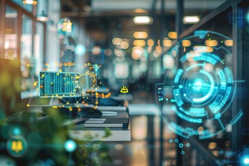 Fototapete - Modern office with futuristic digital overlays on computers.