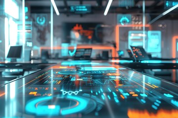 Poster - Futuristic workspace with interactive digital displays.