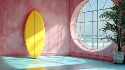 Wall Mural - Yellow Surfboard in Pink Room with Ocean View