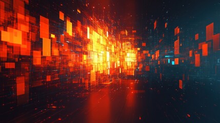 Poster - Abstract Digital Landscape: A fiery digital world, a journey into a glowing network of data streams and vibrant energy