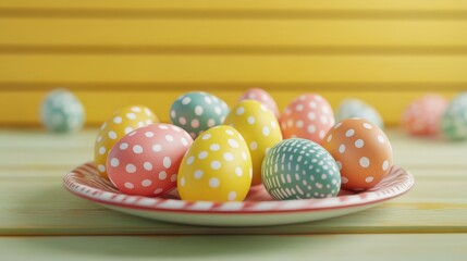 Wall Mural - easter, holidays, tradition, advertisement and object concept - close up of colored easter eggs on plate over yellow wooden boards background