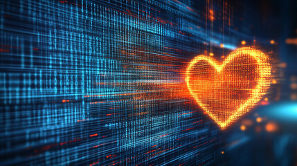 A digital representation of binary codes and cyberspace forming heart shapes symbolizing love in future technology with a blurred chaotic background and space for a caption on the side


