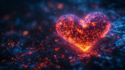 A digital representation of binary codes and cyberspace forming heart shapes symbolizing love in future technology with a blurred chaotic background and space for a caption on the side

