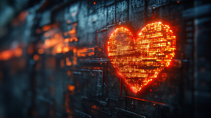 A digital representation of binary codes and cyberspace forming heart shapes symbolizing love in future technology with a blurred chaotic background and space for a caption on the side

