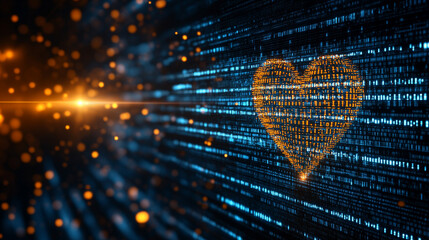 A digital representation of binary codes and cyberspace forming heart shapes symbolizing love in future technology with a blurred chaotic background and space for a caption on the side

