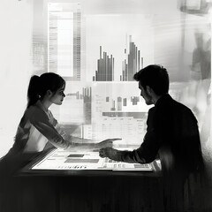Poster - Business colleagues analyze data together.