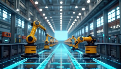 Poster - Futuristic smart factory interior shows advanced automation. Yellow robots work in line on tech floor. Scene shows interconnected systems, automated processes. Innovation, engineering in modern