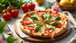 © Vera - “Pizza for Vegans': Visualization of a vegan pizza with plant-based cheese, fresh vegetables and herbs served on a bright table with floral accents.