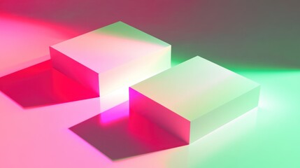 Poster - two white cubes illuminated by vibrant pink and green light, casting shadows on a reflective surface