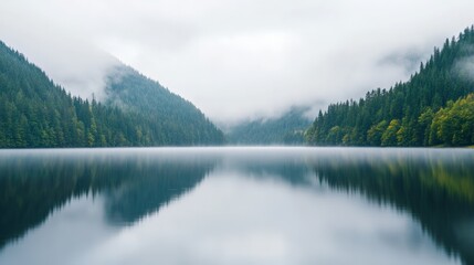 Poster - Low fog covering a mountain lake with pine forest reflecting in the calm water during a rainy autumn day, creating a mysterious and moody atmosphere