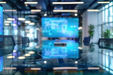 Poster - Modern conference room with glass table and large screen displays.