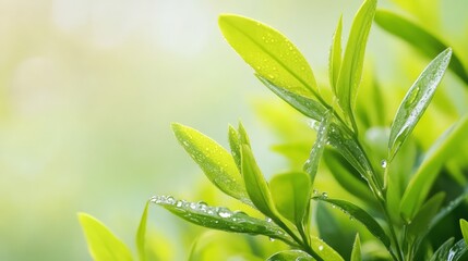 Poster - Close up of vibrant green leaves glistening with fresh dew drops, capturing the essence of a refreshing spring morning with a soft bokeh background