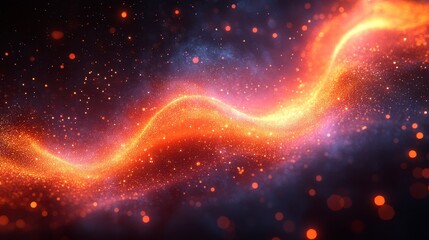 Wall Mural - abstract fiery orange wave with glowing particles on dark background.