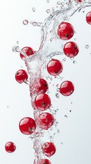 Poster - Suspended in a swirling splash of water, fresh redcurrants create a dynamic and refreshing visual against a clean white backdrop, highlighting their vibrant color and juicy appeal