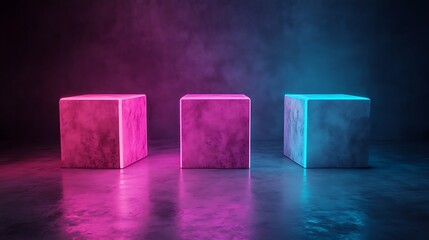 Wall Mural - Three Illuminated Cubes Neon Light Abstract Background
