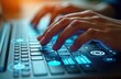 © Viktor - Closeup of hands typing on laptop keyboard with digital graphic overlays. Modern tech tools for cost reduction in business. Hands efficiently use tech for cost saving. Digital interface shows