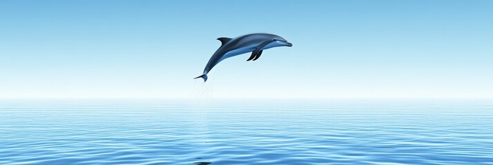 Poster - Dolphin gracefully leaping from the tranquil, blue ocean, surrounded by a clear sky, creating a serene and inspiring atmosphere that captures the essence of freedom in nature