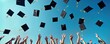 © Viktor - Happy graduates throw caps high into clear blue sky. Many hands reach up in celebration of educational achievement. Joyful moment marks end of stage of learning. Students rejoice at ceremony.