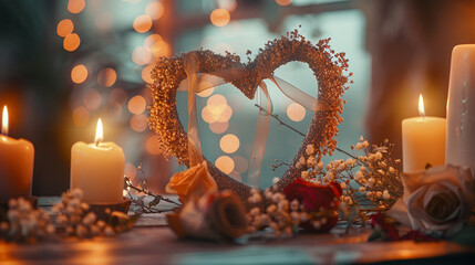 Poster - A DIY photo frame in the shape of a heart, covered in glitter and ribbons, placed on a tabletop decorated with dried flowers and candles in soft golden light.