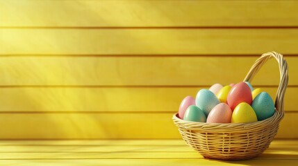 easter, holidays, tradition and object concept - close up of colored eggs in basket over yellow wooden boards background